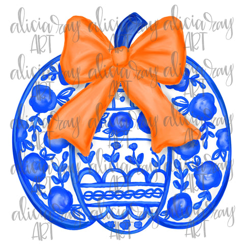 Blue Chinoiserie Pumpkin With Bow