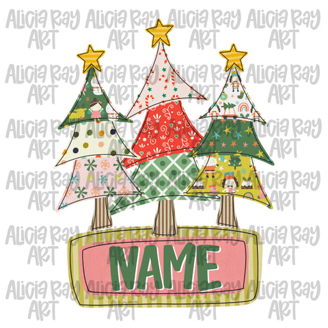 Faux Applique Girl Christmas Trees With Name Plate