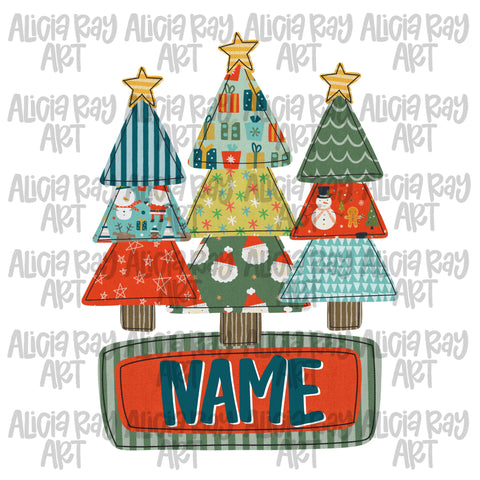 Faux Applique Boy Christmas Trees With Name Plate