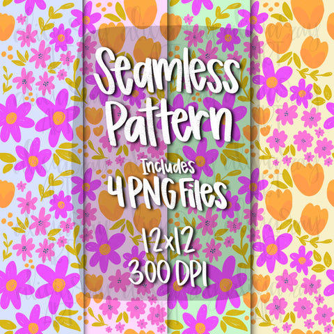 Purple and Orange Wildflowers Seamless Pattern