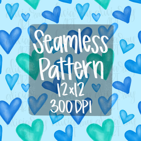 Blue Watercolor Hearts Seamless Pattern