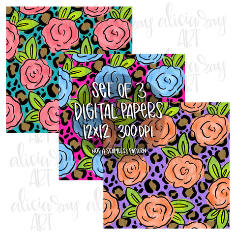 Set of 3 Floral Leopard Digital Papers